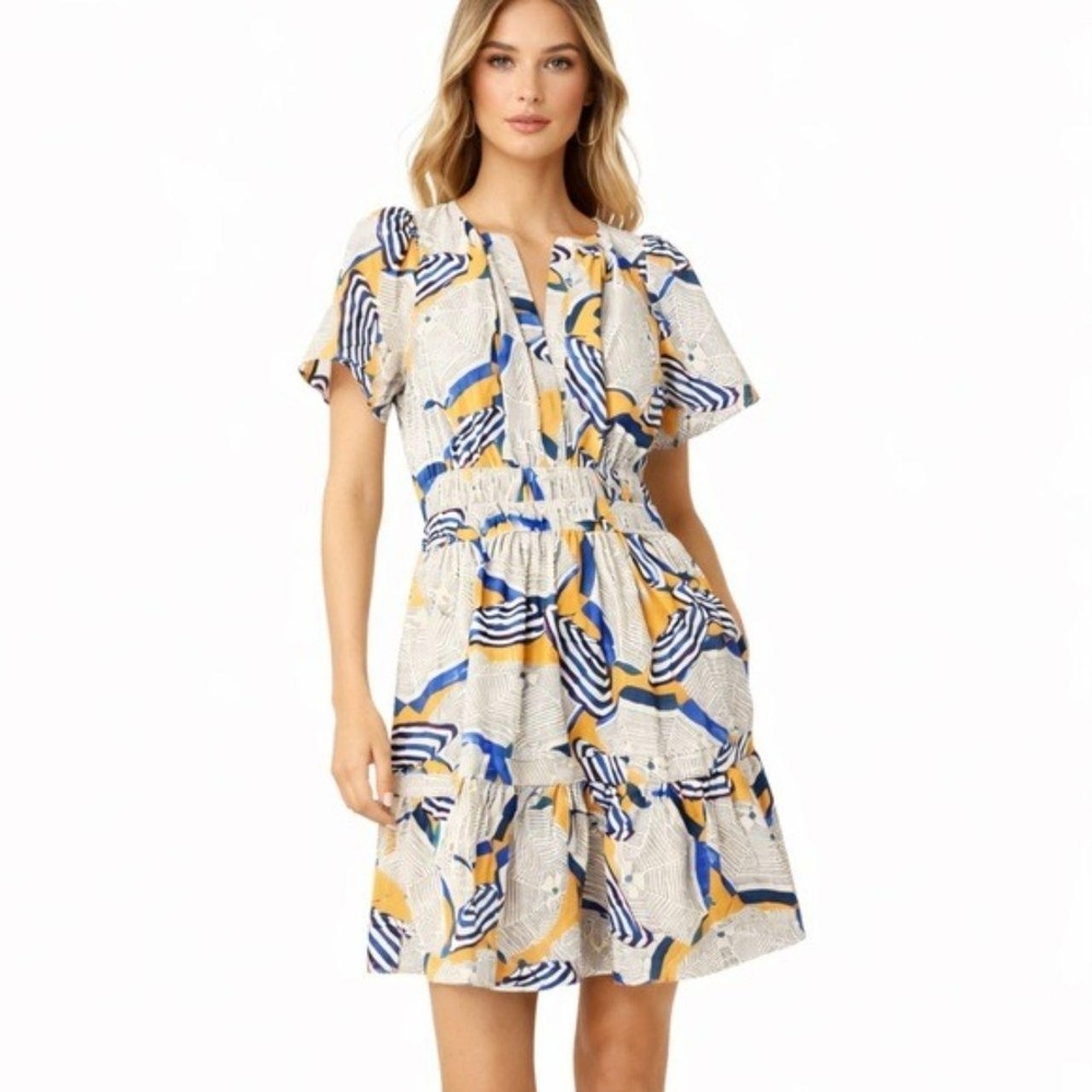Anthropologie Abstract Umbrella Print Cotton Mini Dress Yellow Blue Size L
